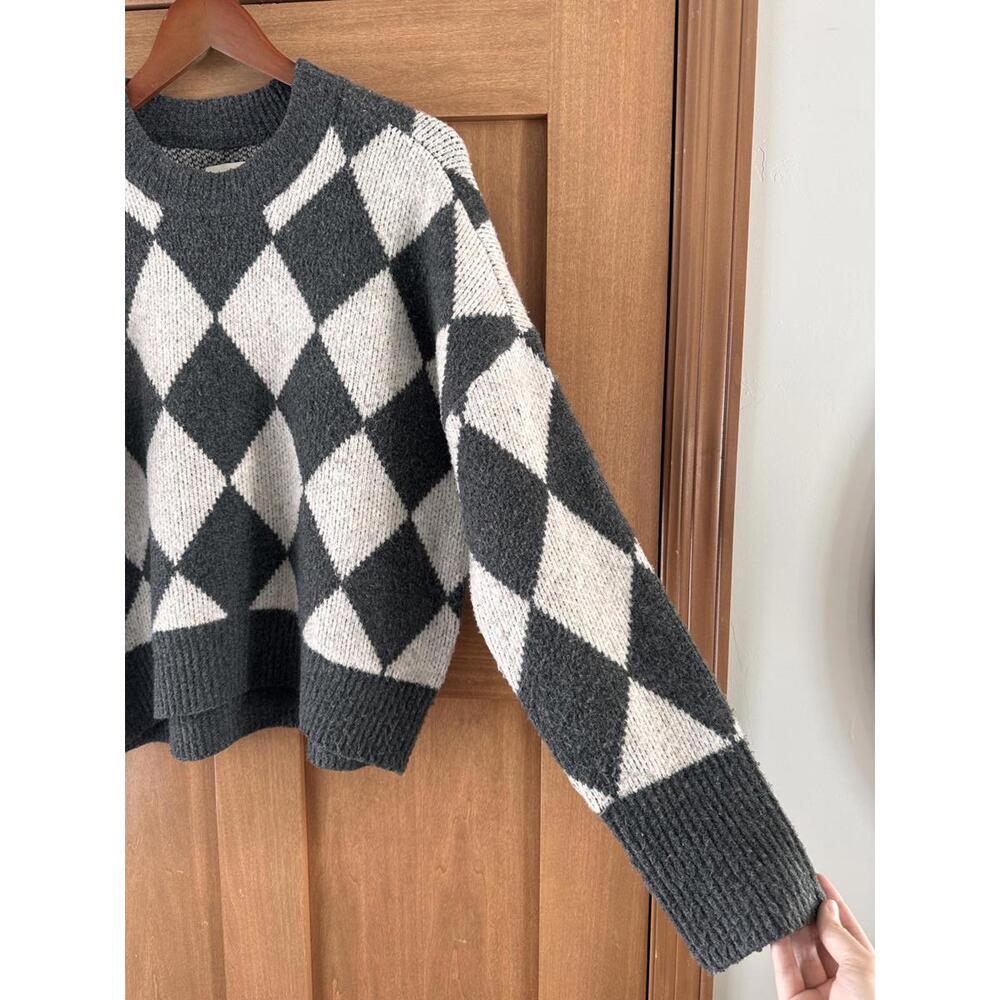 Abercrombie & Fitch Grey Wool Blend Argyle Diamond Check Sweater Women’s Medium - Picture 4 of 10